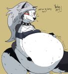  2023 anthro belly big_belly canid canid_demon clenched_teeth clothed clothing collar demon dialogue female fur hair half-closed_eyes hand_on_stomach hellhound helluva_boss hi_res looking_at_viewer loona_(helluva_boss) mammal motion_lines narrowed_eyes navel obese obese_anthro obese_female overweight overweight_anthro overweight_female pentagram pentagram_clothing red_eyes rumbling_stomach signature snarling solo sound_effects spiked_collar spikes talking_to_viewer teeth text yauhasart 