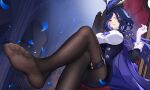  1girl black_corset black_pantyhose black_skirt blue_cape blue_hair blue_headwear breasts cape clorinde_(genshin_impact) commentary_request corset crossed_legs dangle_earrings dark_blue_hair earrings elbow_gloves epaulettes fold-over_gloves framed_breasts genshin_impact glaring gloves hand_up hat hat_feather high-waist_skirt highres indoors jewelry large_breasts legs lml long_hair looking_at_viewer multicolored_hair no_shoes on_chair open_mouth pantyhose pencil_skirt presenting_foot purple_eyes shirt sitting skirt soles solo thigh_strap toes tricorne white_gloves white_shirt 