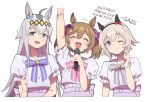  1-4daithi 3girls ahoge animal_ears arm_up blue_eyes blush brown_hair closed_eyes collarbone curren_chan_(umamusume) facing_viewer fingernails flying_sweatdrops frilled_sleeves frills grey_hair grey_shirt hair_between_eyes heart highres holding holding_microphone horse_ears horse_girl long_hair looking_at_viewer microphone multiple_girls oguri_cap_(umamusume) open_mouth pink_skirt purple_eyes shirt short_hair short_sleeves simple_background skirt smart_falcon_(umamusume) smile twintails umamusume white_background 