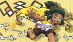  1boy alolan_raichu character_print collarbone dark-skinned_male dark_skin green_hair hau_(pokemon) hau_(sygna_suit)_(pokemon) jewelry looking_at_viewer male_focus necklace official_alternate_costume okiza_yuuri open_mouth outstretched_arms pokemon pokemon_(game) pokemon_masters_ex ponytail smile solo 