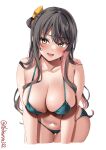  1girl bangs bare_shoulders bikini black_hair blush bow breasts collarbone colored_inner_hair cropped_legs ebifurya fang green_eyes hair_bow hanging_breasts highres kantai_collection large_breasts leaning_forward long_hair looking_at_viewer multicolored_hair naganami_(kancolle) navel one-hour_drawing_challenge open_mouth pink_hair simple_background skindentation smile solo swimsuit thigh_gap thighs twitter_username two-tone_hair very_long_hair white_background yellow_bow 