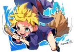  1boy blonde_hair blush broom broom_riding hat kagamine_len rifuru short_hair shorts solo tears vocaloid witch_hat 