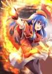  1girl :o black_pantyhose blue_eyes blue_hair book brick_wall capelet commentary fire fire_emblem fire_emblem:_the_binding_blade highres lilina_(fire_emblem) long_hair magic minamonochaba open_book pantyhose red_capelet solo 