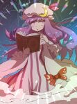  1girl bat_wings blush book bow crescent crescent_hat_ornament dot_nose green_bow hair_bow hat hat_ornament highres holding holding_book kurachi_mizuki long_hair magic_circle mob_cap multiple_hair_bows open_mouth patchouli_knowledge pink_bow purple_eyes purple_hair smoke solo touhou wide_sleeves wings 