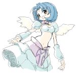  .hack// .hack//sign 1girl :d angel_wings blue_hair blush brown_eyes detached_sleeves jaggy_lines kuropan_(crow_panther) midriff short_hair smile solo subaru_(.hack//) wings 