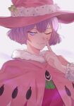 1girl black_clover dorothy_unsworth hat highres index_finger_raised light_smile one_eye_closed open_mouth pink_headwear pink_nails rizaavana simple_background solo twitter_username white_background witch witch_hat 