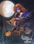  1girl :d arm_up armpits belt black_gloves blue_hair breasts broom broom_riding clothing_cutout cm_lynarc commission detached_sleeves fingerless_gloves fire_emblem fire_emblem:_path_of_radiance fire_emblem:_radiant_dawn fire_emblem_heroes full_moon gloves green_eyes halloween halloween_costume hat headband highres long_hair mia_(fire_emblem) mia_(halloween)_(fire_emblem) moon navel navel_cutout night night_sky open_mouth outdoors pumpkin signature sky smile solo thighhighs white_headband witch_hat zettai_ryouiki 