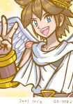  1boy angel angel_wings blue_eyes brown_hair collarbone commentary_request dated gardear058 kid_icarus kid_icarus_uprising laurel_crown light_blush male_focus open_mouth pit_(kid_icarus) solo sparkle upper_body v wings yellow_background 