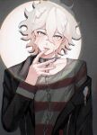 1boy black_jacket chain collar collarbone cream cream_on_clothes cream_on_face danganronpa_(series) danganronpa_another_episode:_ultra_despair_girls erogakikasu_(zange_chan) food food_on_face grey_hair hair_between_eyes hand_up highres jacket komaeda_nagito licking licking_finger long_sleeves looking_at_viewer male_focus medium_hair messy_hair metal_collar off_shoulder open_clothes open_jacket servant_(danganronpa) shirt smile solo striped striped_shirt suggestive_fluid tongue tongue_out white_background 