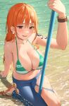  1girl :d arm_support arm_up asymmetrical_clothes bikini bikini_top_only breasts brown_eyes commentary cuts denim highres injury jeans large_breasts long_hair looking_at_viewer nami_(one_piece) navel one_piece open_mouth orange_hair pants reiji-rj seiza shoulder_tattoo single_pantsleg sitting smile solo stomach swimsuit tattoo very_long_hair water 