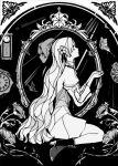  1girl analog_clock boots bug butterfly clock commentary_request different_reflection dress expressionless flower from_side full_body greyscale hair_flower hair_ornament high_heel_boots high_heels isekai_joucho kamitsubaki_studio long_hair long_sleeves mirror monochrome profile reflection roundbee sitting smile solo very_long_hair virtual_youtuber wall_clock wariza wavy_hair 