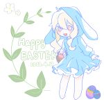  1girl :d albino alternate_costume animal_ears animal_hood aqua_dress basket blush bright_pupils colored_eyelashes dated double-parted_bangs dress easter_egg egg flower hair_between_eyes happy_easter highres holding holding_basket hood hood_up hooded_dress kagerou_project koyon kozakura_marry leaf long_hair long_sleeves lop_rabbit_ears nose_blush open_mouth pale_skin pastel_colors petticoat pink_eyes pleated_dress rabbit_ears rabbit_hood simple_background smile solo wavy_hair white_background white_flower white_hair white_pupils 