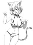  1girl animal_ears ass_visible_through_thighs bell breasts cat_ears cat_tail cleavage collarbone cowboy_shot fang goutokuji_mike greyscale hair_between_eyes large_breasts monochrome navel neck_bell onkn_sxkn open_mouth short_hair simple_background solo tail thigh_gap touhou white_background 