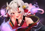  1girl absurdres bell black_kimono blush breasts fangs futoshi_tanaka grey_hair hair_bun hair_ornament hair_ribbon highres hololive horns japanese_clothes jingle_bell kimono long_hair looking_at_viewer medium_breasts multicolored_hair nakiri_ayame nakiri_ayame_(1st_costume) oni oni_horns open_mouth red_eyes red_hair red_ribbon ribbon smile solo streaked_hair virtual_youtuber 