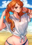  1girl alternate_costume alternate_hairstyle aosora2823 beach bikini bikini_bottom_only blue_bikini blue_sky blush breasts closed_mouth cloud cloudy_sky commentary cowboy_shot day earrings highres holding holding_hair jewelry long_hair looking_at_viewer medium_breasts nami_(one_piece) ocean one_piece orange_eyes orange_hair outdoors shirt short_sleeves sky smile solo standing swimsuit tied_shirt twitter_username white_shirt 