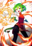  1girl absurdres black_pants china draco_centauros dragon_tail dragon_wings dress elbow_gloves emphasis_lines fire gloves green_eyes green_hair green_wings highres madou_monogatari offbeat open_mouth outstretched_arm pants pants_under_dress pointy_ears puyopuyo pyrokinesis red_dress short_hair solo tail white_gloves wings yellow_eyes yellow_horns 