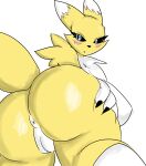  absurd_res anthro anus bandai_namco blue_eyes blush breasts butt digimon digimon_(species) featureless_breasts female genitals hand_on_butt hi_res killer._ez looking_at_viewer pussy renamon simple_background solo white_background white_body yellow_body 