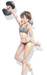  1girl abs black_panties breasts brown_eyes brown_hair collarbone dumbbell exercise grey_sports_bra highres kantai_collection kokuzou low_twintails medium_hair navel open_mouth panties round_teeth shirayuki_(kancolle) small_breasts solo sports_bra teeth toned twintails underwear upper_teeth_only weightlifting 