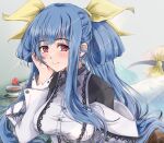  1girl angel_wings arm_support asymmetrical_wings blue_hair blush breasts closed_mouth commentary_request cup dizzy_(guilty_gear) dress flower guilty_gear guilty_gear_xrd hair_ribbon hair_rings hand_on_own_face highres large_breasts light_rays long_hair looking_at_viewer maid mother&#039;s_day nt50 off-shoulder_dress off_shoulder plate red_eyes ribbon rose sidelocks smile solo sunbeam sunlight tail tail_ornament tail_ribbon tea teacup twintails wings yellow_ribbon 