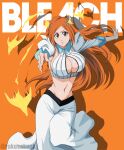  1girl absurdres bleach bleach:_the_thousand-year_blood_war breasts brown_eyes cleavage cleavage_cutout clothing_cutout commentary copyright_name curvy detached_sleeves drop_shadow eyelashes fighting_stance floating_hair hair_ornament hairclip highres inoue_orihime large_breasts long_hair long_skirt long_sleeves looking_at_viewer navel nose open_mouth orange_background orange_hair rakusakugk shirt simple_background skirt solo standing standing_on_one_leg stomach straight_hair twitter_username v-shaped_eyebrows very_long_hair white_shirt white_skirt white_sleeves 