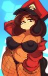  anthro big_breasts breasts brown_hair canid canine canis cleavage clothed clothing domestic_dog female fishnet fishnet_legwear hair hat headgear headwear hi_res legwear mammal nipple_outline pouting solo thick_thighs wildblur 
