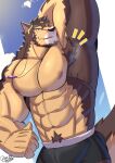  abs anthro armpit_hair biceps body_hair bottomwear canid canine canis clothing domestic_dog eyewear german_shepherd glasses herding_dog hi_res lifewonders live_a_hero male mammal muscular muscular_male pants pastoral_dog pubraseer ren_kream solo tail 