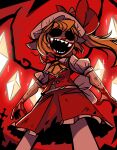  1girl :d absurdres blood blood_on_hands crystal dress flandre_scarlet from_below hat highres layered_skirt long_hair mob_cap peargor ponytail red_background red_skirt red_vest scratches sharp_teeth side_ponytail skirt smile solid_eyes solo teeth torn_clothes touhou vest white_dress wings 