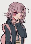  1girl a_iu_(365harumakilove) backpack bag black_jacket blunt_bangs blush_stickers brown_skirt danganronpa_(series) danganronpa_2:_goodbye_despair flipped_hair frown hair_ornament hand_up index_finger_raised jacket long_sleeves medium_hair nanami_chiaki neck_ribbon open_clothes open_jacket pink_bag pink_eyes pink_ribbon pleated_skirt ribbon simple_background skirt solo spaceship_hair_ornament upper_body 