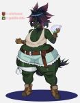  belt bottom_heavy bottomwear breasts clothing english_text female goblin green_body green_skin grey_background hi_res holding_object holding_potion humanoid humanoid_pointy_ears implied_transformation midriff potion potion_bottle shadow short_stack shorts simple_background small_breasts solo standing strongmoist text thick_thighs torn_clothing wide_hips 