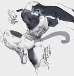  anthro back_muscles biceps bottomwear butt clothing domestic_cat facial_hair felid feline felis hi_res japanese_text kzy_r9877 lifewonders live_a_hero male mammal muscular muscular_anthro muscular_male pants rear_view sketch solo text tight_bottomwear tight_clothing tight_pants tsuneaki 