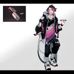  1boy ballpoint_splatling_(splatoon) black_eyes black_hair black_pants coat full_body highres holding holding_stylus long_sleeves male_focus mask mouth_mask multicolored_hair open_clothes open_coat pants personification pink_hair reference_inset shirt shoes sido_(slipknot) signature simple_background sneakers solo splatoon_(series) standing stylus white_mask 