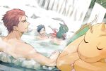  2boys :d bathing black_hair closed_eyes closed_mouth commentary_request day dragonite ethan_(pokemon) lance_(pokemon) male_focus multiple_boys nude onsen open_mouth outdoors pokemon pokemon_(creature) pokemon_hgss red_hair short_hair smile sneasel steam teeth twitter_username upper_teeth_only water watermark y_(036_yng) 