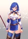  1girl :o armor blue_eyes blue_hair boots brown_footwear catria_(fire_emblem) commentary_request detached_sleeves fire_emblem fire_emblem:_shadow_dragon_and_the_blade_of_light gradient_background headband holding holding_polearm holding_weapon kirishima_satoshi looking_at_viewer partial_commentary pegasus_knight_uniform_(fire_emblem) polearm short_hair side_slit simple_background solo thigh_boots thighhighs weapon white_background white_headband zettai_ryouiki 