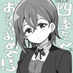  1girl birthday commentary dated earrings green_background greyscale_with_colored_background jewelry looking_at_viewer love_live! love_live!_superstar!! lowres mezashi_(mezamashi_set) school_uniform short_hair signature solo translation_request upper_body wakana_shiki yuigaoka_school_uniform 