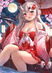  1girl alcohol bare_shoulders blurry blurry_background blush bow braid breasts cherry_blossoms chestnut_mouth cleavage commentary_request cup eyelashes falling_petals fang flower full_moon grey_hair hair_between_eyes hair_flower hair_ornament hair_ribbon head_tilt highres holding holding_cup hololive horns ibuki_sho japanese_clothes kimono long_hair long_sleeves looking_at_viewer medium_breasts moon multicolored_hair nakiri_ayame night off_shoulder oil-paper_umbrella oni oni_horns open_mouth outdoors petals petals_on_liquid pleated_kimono red_bow red_eyes red_flower red_hair red_kimono red_ribbon ribbon ribbon-trimmed_sleeves ribbon_trim sakazuki sake short_kimono sidelocks soaking_feet solo streaked_hair sweat thighs twin_braids umbrella variant_set virtual_youtuber white_ribbon wide_sleeves 