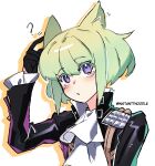  1boy ? absurdres animal_ears artist_name ascot black_gloves black_jacket blush cat_boy cat_ears colored_shadow gloves green_hair half_gloves hand_up highres instanttnoodle jacket kemonomimi_mode lio_fotia male_focus otoko_no_ko parted_lips promare purple_eyes shadow short_hair simple_background solo upper_body white_ascot white_background 
