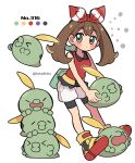  &gt;_&lt; 1girl artist_name bike_shorts bow brown_hair closed_eyes grey_eyes gulpin highres kokashiho long_hair may_(pokemon) open_mouth pokemon pokemon_(game) pokemon_oras red_bow red_shirt shirt shoes shorts shorts_under_shorts simple_background sleeveless sleeveless_shirt two-tone_bow white_background white_bow white_shorts yellow_footwear 