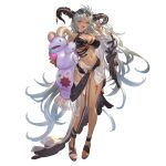  1girl alpha_transparency breasts cleavage dark-skinned_female dark_skin draph eyewear_on_head fediel_(granblue_fantasy) full_body granblue_fantasy hair_between_eyes horns large_breasts long_hair looking_at_viewer minaba_hideo navel official_art purple_eyes purple_nails smile solo sunglasses transparent_background very_long_hair 