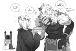 1boy 1girl ambiguous_gender arknights bara closed_eyes doctor_(arknights) food furry furry_male furry_with_non-furry gummy_(arknights) highres holding holding_food hung_(arknights) interspecies jjeobjjeobdogta_(wjqwjqehrxk) korean_text looking_at_another monochrome pancake pancake_stack smile sparkle translation_request white_background 