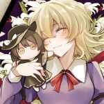  1girl blonde_hair breasts button_eyes character_doll closed_eyes closed_mouth commentary_request dress hair_between_eyes hat kinese_(katasutorohu) light_smile maribel_hearn medium_breasts purple_dress solo touhou upper_body usami_renko 