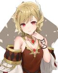  1girl bare_shoulders blonde_hair breasts citrinne_(fire_emblem) cleavage dress fire_emblem fire_emblem_engage gold_trim haru_(nakajou-28) highres leather_wrist_straps looking_at_viewer red_dress red_eyes short_hair small_breasts smile solo upper_body wing_hair_ornament 