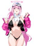  1girl absurdres bikini black_bikini blue_archive blush breasts eimi_(blue_archive) eimi_(swimsuit)_(blue_archive) goggles goggles_on_head groin halo highres jacket large_breasts long_hair looking_at_viewer navel off_shoulder open_mouth pink_hair pink_jacket plentyofempty purple_eyes scarf side-tie_bikini_bottom solo sweat swimsuit very_long_hair white_scarf 