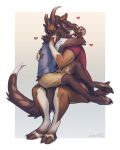  &lt;3 2023 4:5 anthro blue_clothing blue_hair blue_topwear bottomwear brown_body brown_ears brown_fur brown_hair brown_horn clothed clothing dated duo ears_back embrace eyes_closed fur hair hi_res horn hug lostgoose multicolored_hair pivoted_ears red_clothing red_shirt red_t-shirt red_topwear shirt shorts signature simple_background sitting t-shirt tan_bottomwear tan_clothing tan_shorts topwear two_tone_hair white_body white_fur 