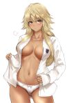  1girl =3 blonde_hair blush breasts breasts_apart collarbone dark-skinned_female dark_skin gyaru hair_between_eyes large_breasts long_hair looking_at_viewer mole mole_under_eye navel no_bra okumori_boy open_clothes open_shirt original panties red_eyes shirt solo stomach thighs underwear white_background white_panties white_shirt 