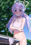  1girl absurdres ahoge ass_visible_through_thighs blue_archive blue_hair blue_panties blush bottomless camisole cleft_of_venus drinking_fountain hair_ornament halo highres kuro_(zhurunbo1997) light_blue_hair long_hair multicolored_hair outdoors panties panties_removed pink_hair purple_camisole purple_panties pussy pussy_peek reisa_(blue_archive) solo star_(symbol) star_hair_ornament star_halo striped striped_panties twintails two-tone_hair underwear underwear_only wet wet_clothes white_panties 