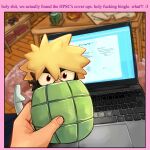  2boys blonde_hair blurry blurry_background boku_no_hero_academia border commentary computer creature dynamy_(boku_no_hero_academia) english_commentary english_text habkart highres holding holding_creature holy_fucking_bingle_(meme) indoors laptop looking_at_viewer male_focus meme midoriya_izuku multiple_boys paper photo-referenced pink_border red_eyes short_hair spiked_hair table 