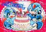  2boys android anniversary blue_eyes cake english_text food helmet highres male_focus mega_man_(character) mega_man_(classic) mega_man_(series) mega_man_x_(series) multiple_boys nongura one_eye_closed smile x_(mega_man) 