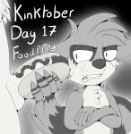 annoy anthro avian bird black_and_white cartoon_network clenched_teeth crossed_arms duo ears_down erection food food_fetish food_play foxkai genitals hi_res inktober inktober_2023 kinktober male male/male mammal monochrome mordecai_(regular_show) penis pivoted_ears procyonid raccoon regular_show rigby_(regular_show) teasing teeth 