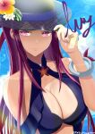  1girl bikini black_headwear bracelet breasts cleavage cleavage_cutout closed_mouth clothing_cutout fire_emblem fire_emblem_engage flower hat hat_flower highres ivy_(fire_emblem) ivy_(summer)_(fire_emblem) jewelry large_breasts long_hair looking_at_viewer matoimangekyo purple_eyes purple_hair solo swimsuit 