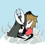  1girl 2others arm_up arthropod_girl black_eyes black_skin blank_eyes blue_background blush cloak closed_eyes colored_skin commentary full_body grey_cloak half-closed_eyes hollow_knight hollow_knight_(character) hornet_(hollow_knight) knight_(hollow_knight) looking_at_another looking_down multiple_others nose_blush red_cloak sakana_2-gou sitting sitting_on_lap sitting_on_person two-sided_cloak two-sided_fabric u_u 